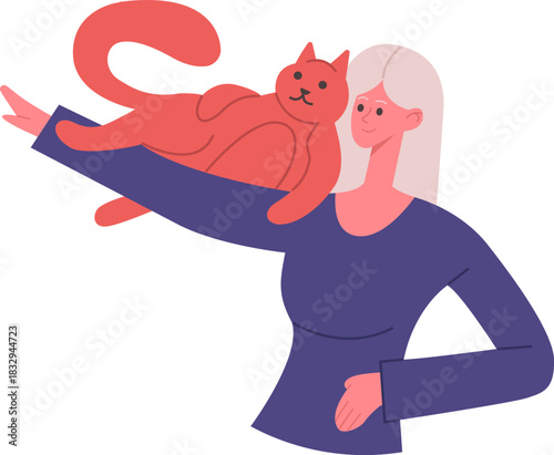 Woman holding happy red domestic cat pet