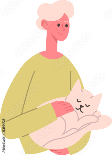 Person holding and petting sleeping cat illustration