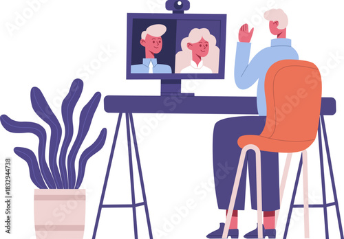 Person participating in online video conference from home