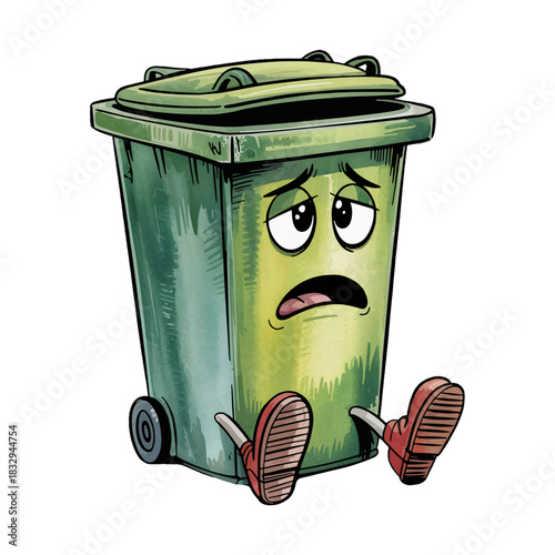 a green dustbin, looking nervous and worried, watercolor style