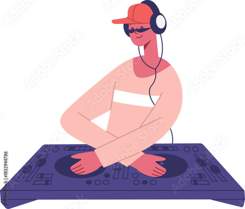 DJ playing music on mixer wearing headphones and hat