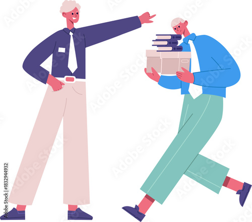 Boss giving instructions to an employee carrying work burden