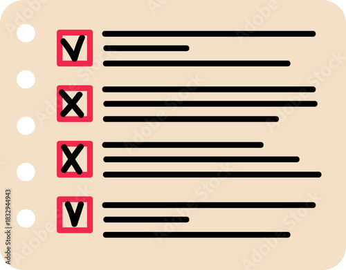 Checklist document presenting check and x marks result