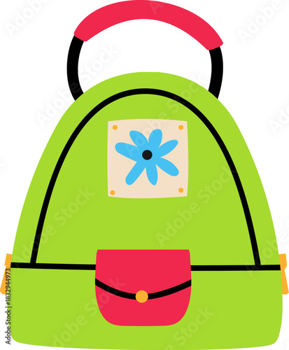 Green handbag with red handle and blue flower