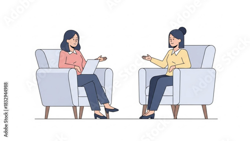 Two women sitting in armchairs facing each other in a bright room having a conversation together