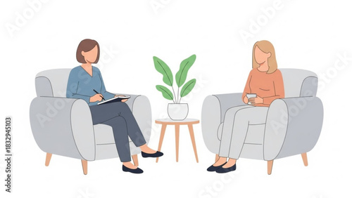 Two women in armchairs facing each other with a plant on a table between them in a therapy setting