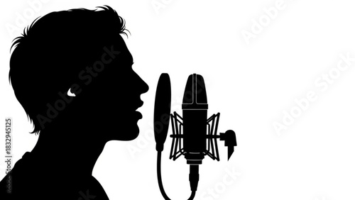 Silhouette of a man speaking into a microphone in a recording studio with a pop filter on white