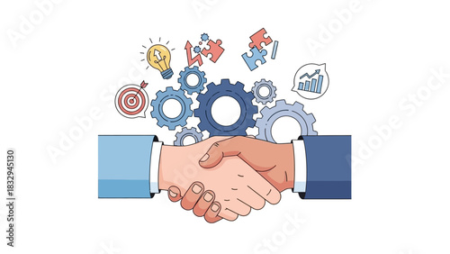 Business Partnership Concept Handshake & Gear Icons Illustrating Collaboration and Agreement