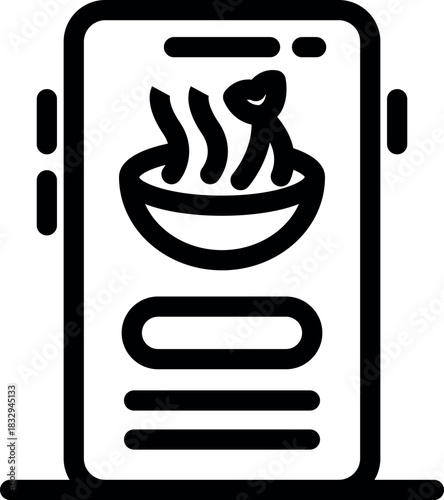 Mobile phone displaying online food ordering application with steaming bowl of noodles, symbolizing convenient meal delivery service