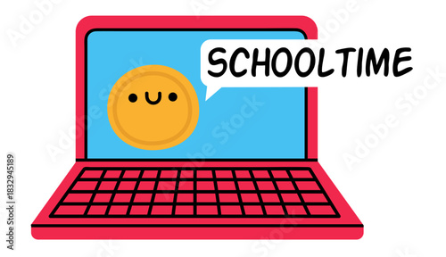 Online schooltime concept with happy character on laptop