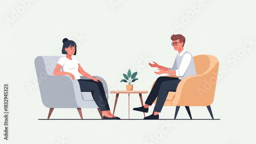 Illustration of a woman and therapist sitting in chairs talking in a counseling session setting room