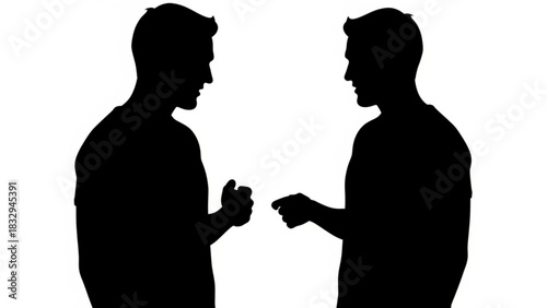 Silhouette of two men facing each other with one pointing and the other clenching a fist in black