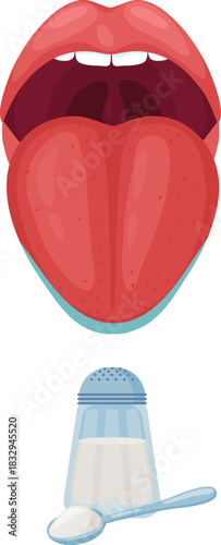 Tongue tasting salt from shaker for flavor concept
