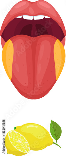 Human tongue experiencing sour taste with lemon fruit
