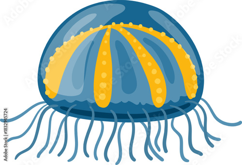 Blue jellyfish swimming with long tentacles illustration