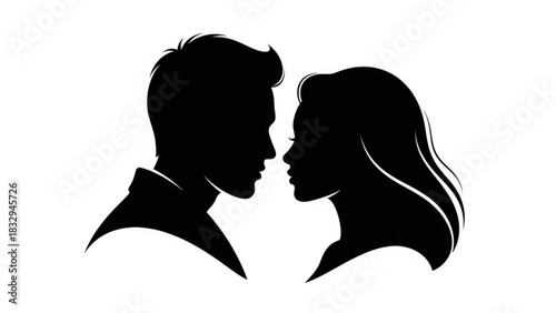 Silhouette of a man and woman facing each other with their faces almost touching in black and white design