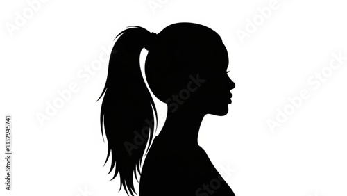 Silhouette of a woman with ponytail hairstyle in profile view against a white plain background image art