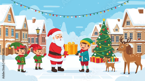 A joyful flat design illustration depicting a festive prize ceremony in a charming winter village, where Santa Claus presents a golden prize box to a child. 