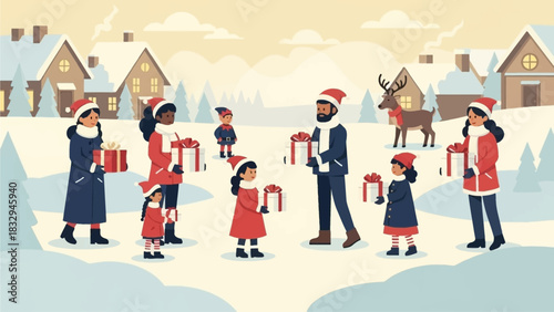 A heartwarming flat design illustration depicting a diverse group of people exchanging beautifully wrapped prize boxes in a cozy, snow-covered winter village. 