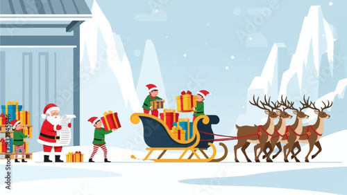 A dynamic flat design illustration showing Santa Claus meticulously overseeing a team of elves loading numerous prize boxes onto a deer-pulled sleigh in a snowy North Pole loading bay. 