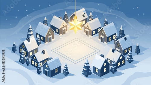 An enchanting overhead flat design illustration of a snowy winter village, featuring a prominent golden star ornament illuminating the central square. 