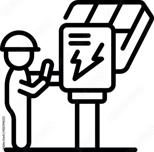 Line drawing of an electrical engineer working on a transformer box, performing maintenance or repair