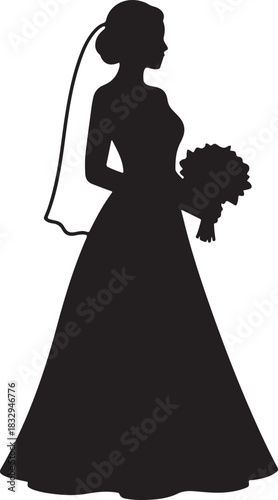 Black silhouette of a bride standing on white background, vector
