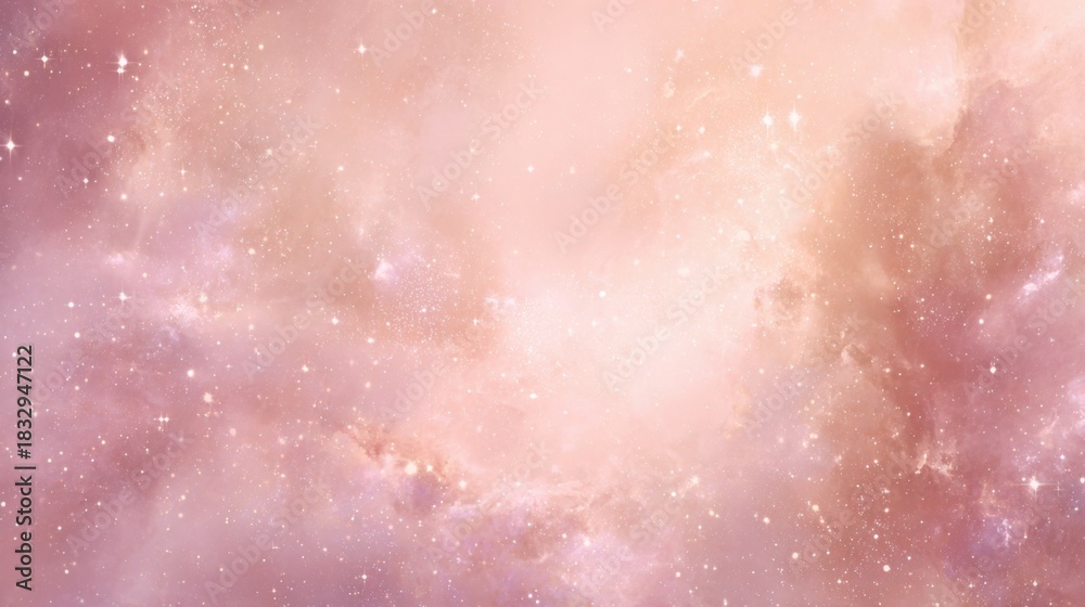 Fototapeta premium Luxury pastel cosmic background with rose quartz and champagne tones, delicate starfield, soft misty nebula, dreamy premium aesthetic with centered