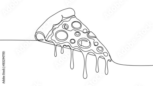 A continuous one line art drawing of a delicious slice of pizza with melting cheese, food illustration