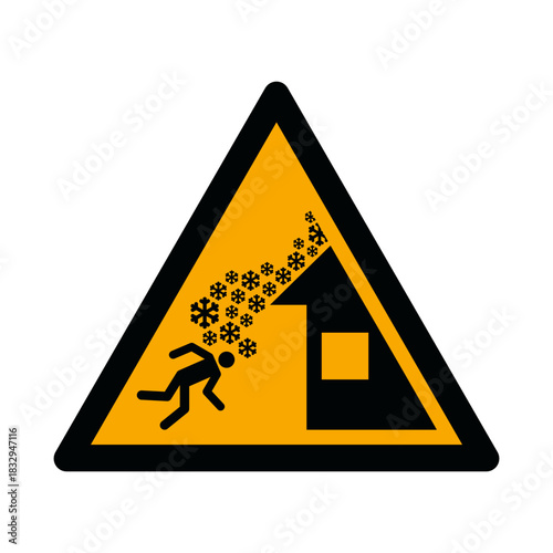 ISO 7010 W040 Roof Avalanche Warning Sign. Falling Snow Hazard Symbol. Hazard Sign for Roof Snow and Ice. Winter Roof Snow Danger Pictogram. 