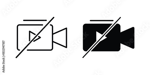 Video recording icons showing off and on states with play button. disabled video call, meeting, or conference vector illustration of a crossed out camera.