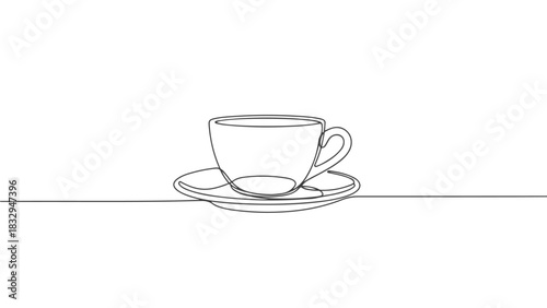 One continuous line art drawing of a teacup on a saucer, minimalist single line illustration, artistic and elegant design