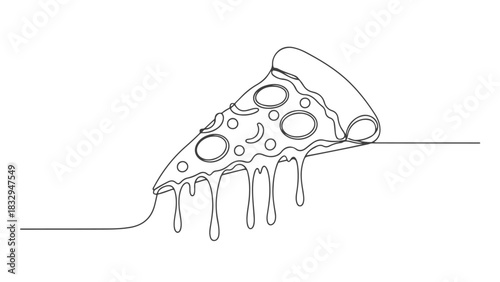 A single continuous one line art drawing of a delicious melting pizza slice for a fast food restaurant menu design. Minimalist vector illustration eps