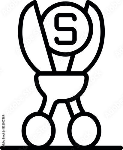 Scissors are cutting a coin with the letter s, representing savings, budget cuts, or money cut