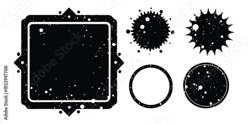 Collection of black grunge frames and shapes with speckled texture on white background
