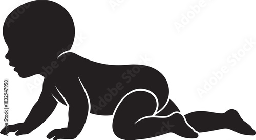Black silhouette of a baby crawling on white background, vector