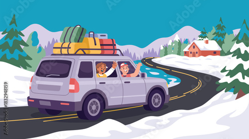 Winter family road trip holiday scene with car, children, and luggage traveling through snowy mountains, cheerful winter vacation illustration