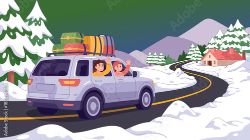 Winter family road trip holiday scene with car, children, and luggage traveling through snowy mountains, cheerful winter vacation illustration