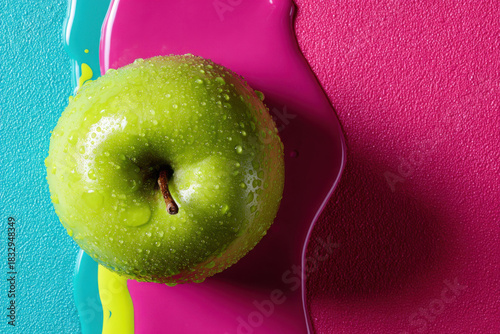 Apple and slime on color blocked background
