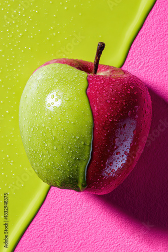 Apple and slime on color blocked background
