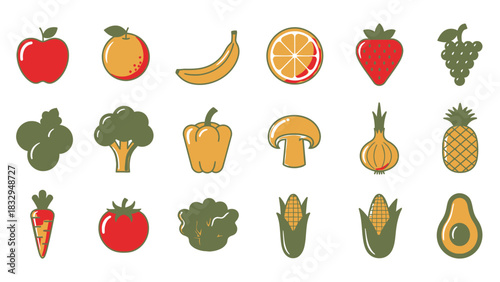 Assorted Fruits and Vegetables Icons Set