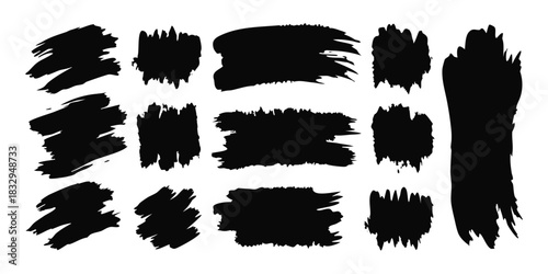 Collection of black brush strokes and splatters for artistic design and decoration element
