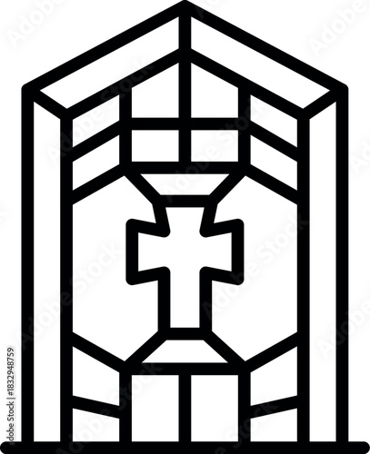 Simple line icon of a church building with a big cross, representing christianity, faith and religion