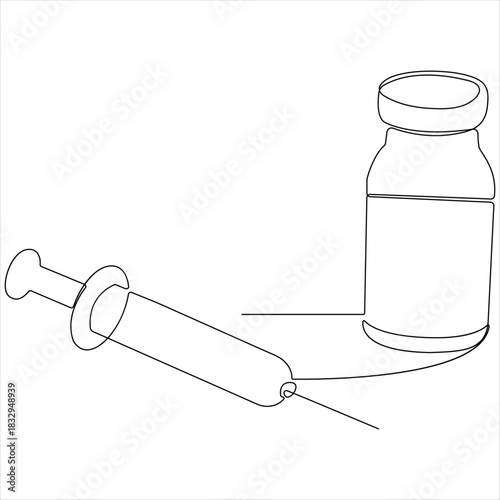 Continuous line drawing of medical syringe and vial simple illustration of vaccine and injection syringe line art vector illustration