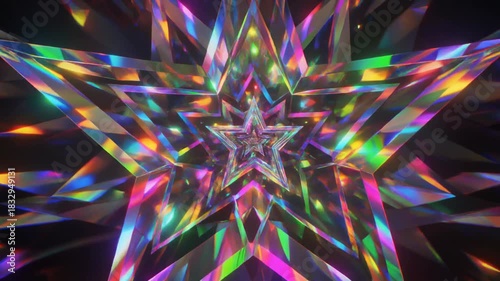 Abstract kaleidoscopic image featuring a series of nested, colorful star shapes with a prism-like, refracted light effect.