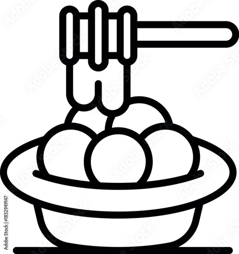 Honey is pouring from a wooden honey dipper onto a bowl of loukoumades, a traditional greek dessert