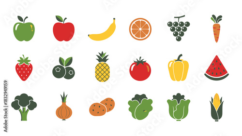 Colorful Set of Fresh Fruits and Vegetables Icons