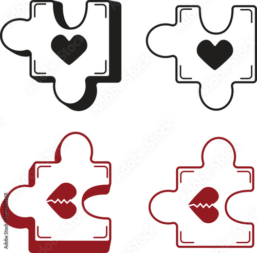 Puzzle Heart Icons – Love and Broken Heart Symbol Vector Illustration
