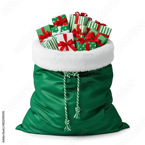 Green santa bag filled with christmas presents