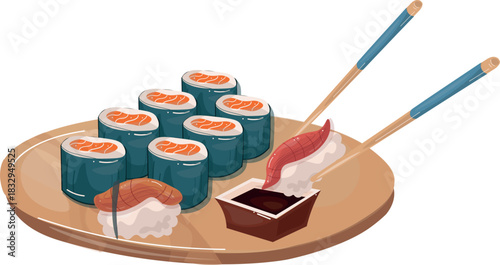 suchi shrimp rice with soy sauce on the wooden plate asian food